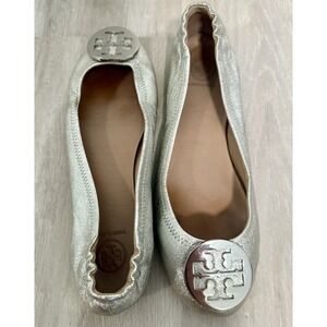 Tory Burch Minnie Travel Ballet Flat Royal Metallic Sliver Womans sz 9.5‎